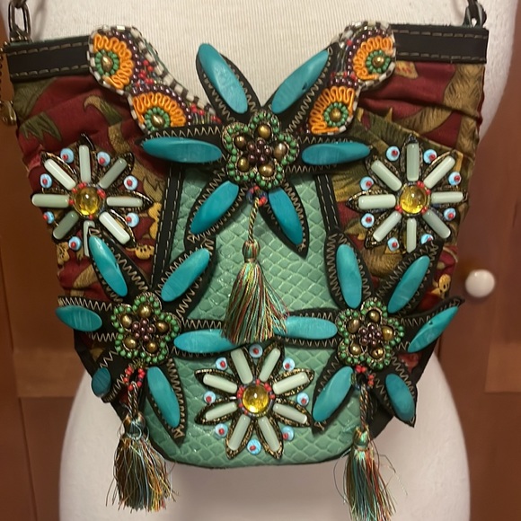 Mary Frances multi media shoulder bag.  Fabric, leather, suede and beads. - Picture 2 of 8